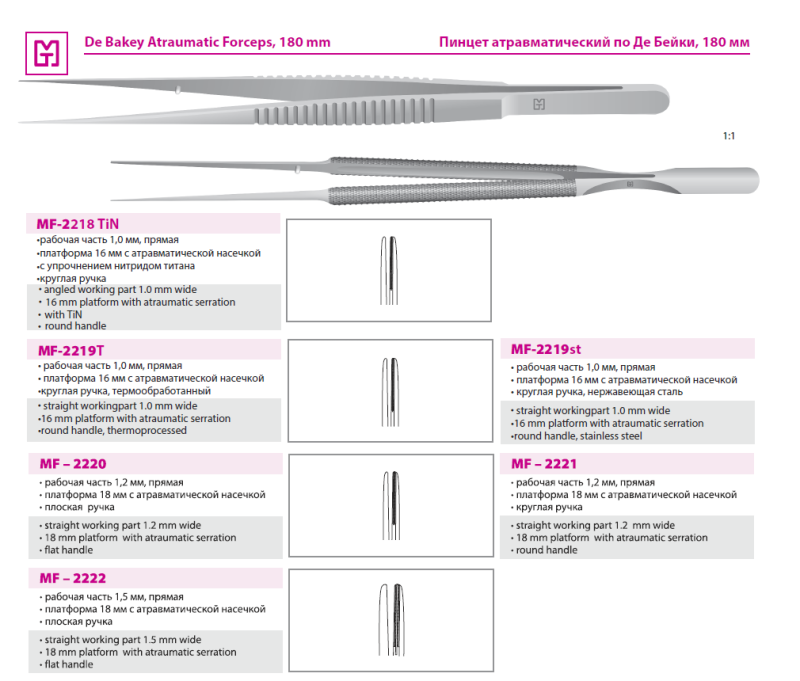Пинцет по Де Бейки микрохирургический 180 мм рабочая часть 1,2 мм платформа 18 мм с круглой ручкой