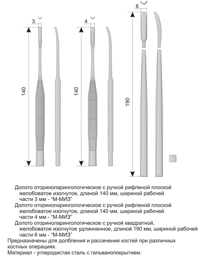 Долото с рифленой ручкой желобоватое, изогнутое , 3 мм    *